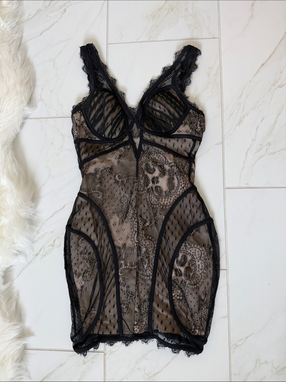 bebe Black Lace & Nude Mesh Mini Dress